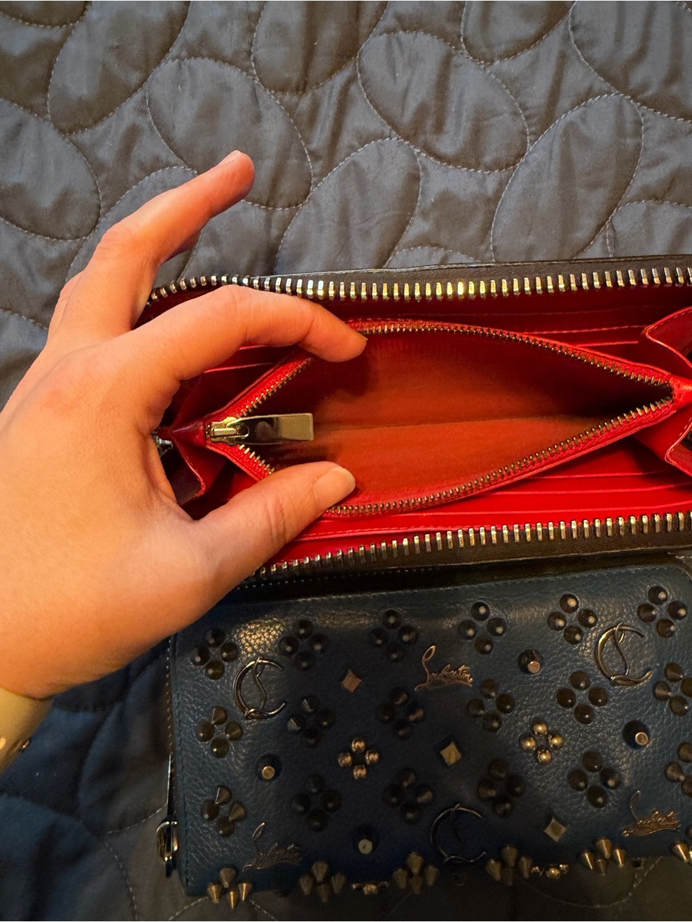 Christian Louboutin Embellished Zip-Around Wallets in Black and Blue - Picture 14 of 16